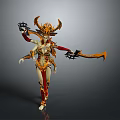 Woman in Ornate Red and Gold Armor with Horned Helmet and Decorative Weapon