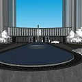 Modern Sales Office Building With Curved Glass Curtain Wall And Landscaped Water Feature