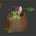 Cute Green Frog with Wings in Tree Stump Surrounded by Lotus Leaves Holding Red Star