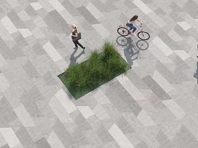 Green Grass Plants Growing In Geometric Patterned Pavement With People Walking And Bicycling 3d model