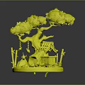 Enchanted Miniature Scene with Tree Small Hut Mushrooms and Flowers on Green Circular Base