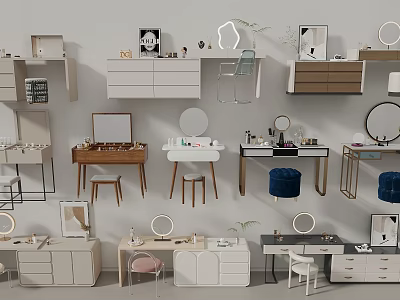 Diverse Design Dresser Vanities With Wooden Metal Frames Round Mirrors And Stools 3d model