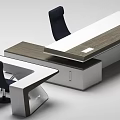 Modern Office Desk With Wooden Top And White Frame Accompanied By Blue Ergonomic Chairs