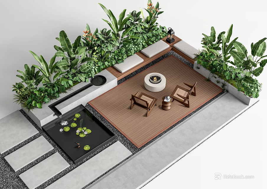 Landscape Seats Design With Lush Greenery Round Fire Pit And Wooden Deck Area 3d model 