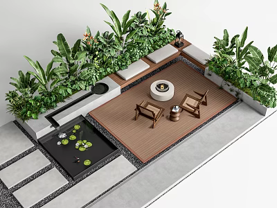 Landscape Seats Design With Lush Greenery Round Fire Pit And Wooden Deck Area 3d model