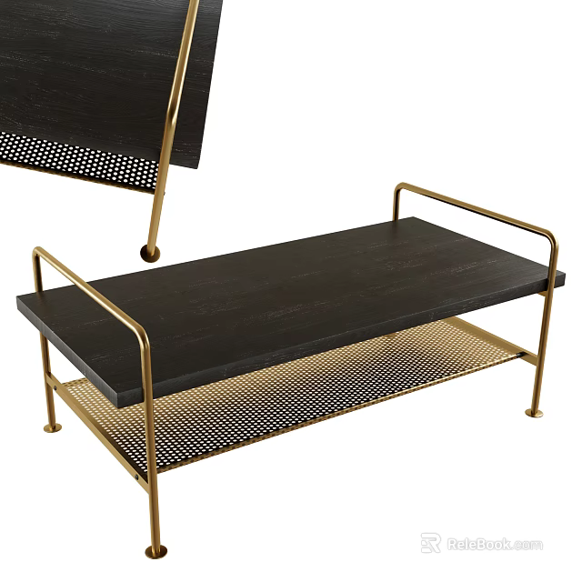 Modern Coffee Table With Black Tabletop Gold Metal Frame And Mesh Lower Shelf 3d model 