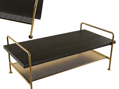 Modern Coffee Table With Black Tabletop Gold Metal Frame And Mesh Lower Shelf 3d model