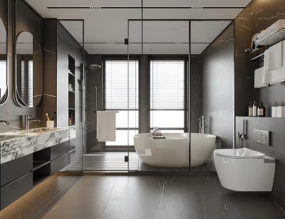 Luxury Modern Bathroom Interior With Freestanding Bathtub Marble Vanity And Glass Shower 3d model