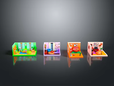 Colorful Miniature Room Models With Various Interior Furniture And Decorative Elements 3d model