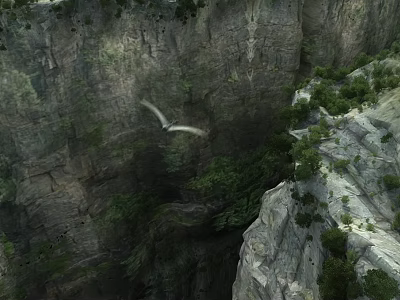 Natural Cliff Landscape With Flying Birds Lush Vegetation And Deep Valley 3d model