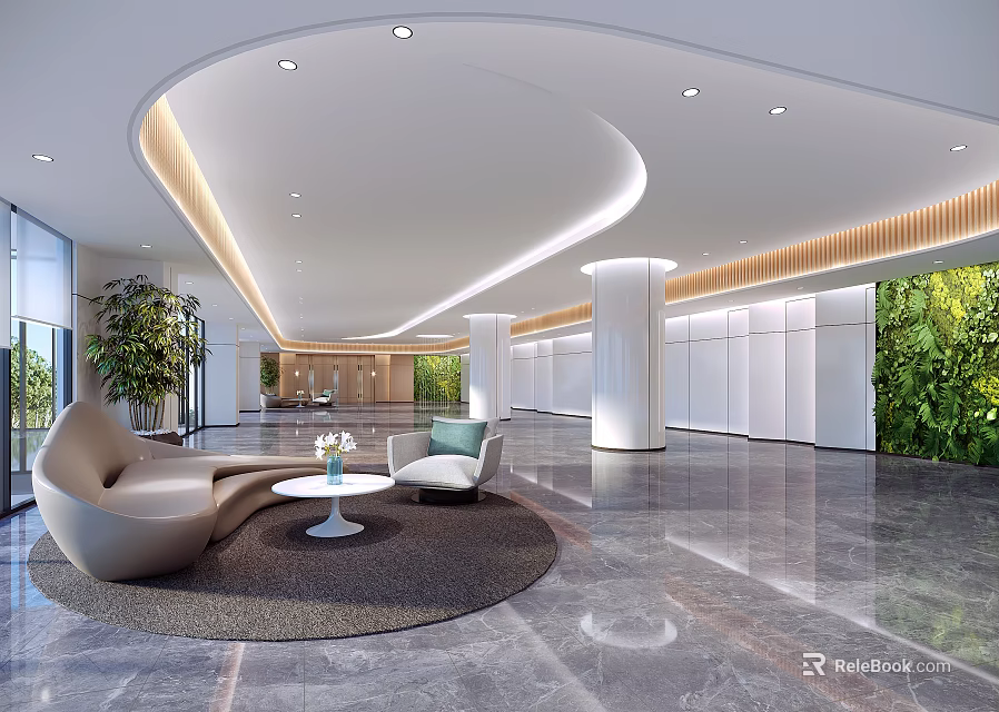 Modern Lobby Interior With Curved Ceiling Marble Flooring And Green Plant Wall 3d model 