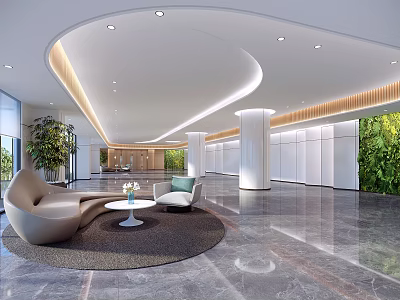 Modern Lobby Interior With Curved Ceiling Marble Flooring And Green Plant Wall 3d model