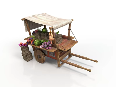 Wooden Fruit Cart With Canopy Loaded With Fresh Fruits Vegetables And Barrels 3d model