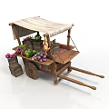 Wooden Fruit Cart With Canopy Loaded With Fresh Fruits Vegetables And Barrels
