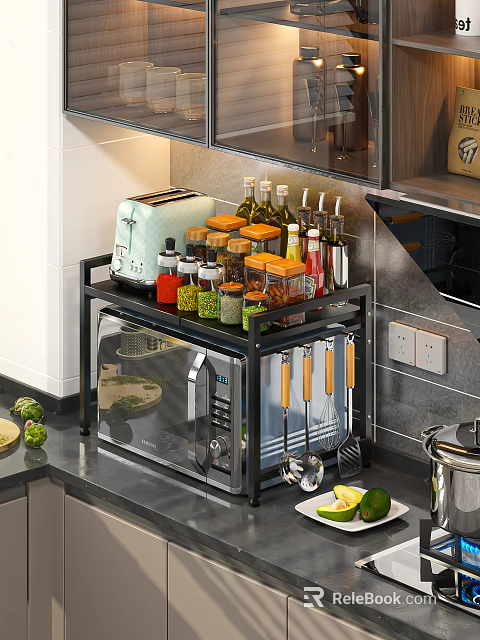 Kitchen Countertop Shelf with Microwave Spice Jars Toaster and Cooking Utensils 3d model 