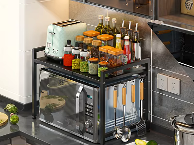 Kitchen Countertop Shelf with Microwave Spice Jars Toaster and Cooking Utensils 3d model