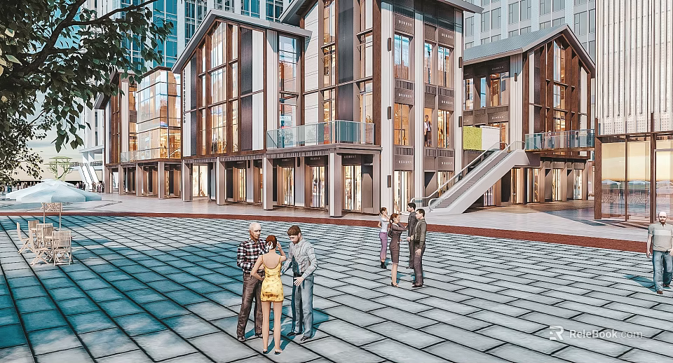 Modern Commercial Street With Glass Facade Buildings And Pedestrians Gathering In Plaza Area 3d model 