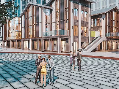 Modern Commercial Street With Glass Facade Buildings And Pedestrians Gathering In Plaza Area 3d model