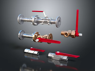 Various Household Valves With Red Handles In Silver And Brass Materials For Plumbing Use 3d model