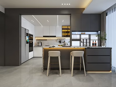 Modern Kitchen Bar Counter Area With Open Design And White Bar Stools 3d model