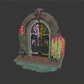Ancient Stone Arch Door With Intricate Metal Decorations And Green Plants On Stone Base