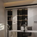 Modern Office Interior Design With Illuminated Black White Shelves Decorative Items Workspace And Tech Equipment