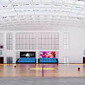 Modern Basketball Gymnasium with White Ceiling Blue Seats Large Screens and Wooden Floor