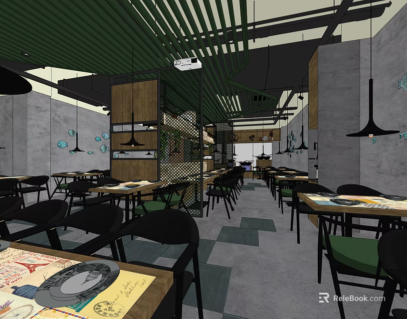 Modern Restaurant Interior With Green Striped Ceiling Wooden Partitions Black Furniture And Wall Decorations 3d model 