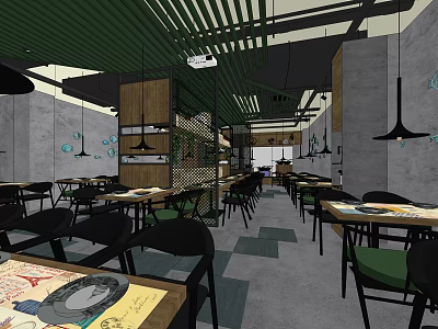 Modern Restaurant Interior With Green Striped Ceiling Wooden Partitions Black Furniture And Wall Decorations 3d model