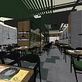Modern Restaurant Interior With Green Striped Ceiling Wooden Partitions Black Furniture And Wall Decorations