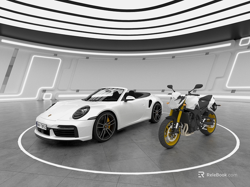 White Porsche Convertible Car in Modern Indoor Space with Yellow Motorcycle and Circular Lighting 3d model 