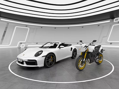 White Porsche Convertible Car in Modern Indoor Space with Yellow Motorcycle and Circular Lighting 3d model