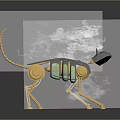 Mechanical Dog Figure with Golden Structure Green Panels and Smoke on Dark Background with Reflection