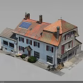 Traditional White House With Red Roof Solar Panels Chimneys Red Shutters Front Steps And Shrubs