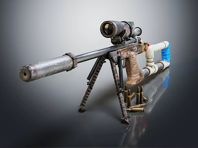 Long Range Sniper Rifle Featuring Telescopic Sight Tripod Stand Metallic Barrel and Ammunition Bullets 3d model
