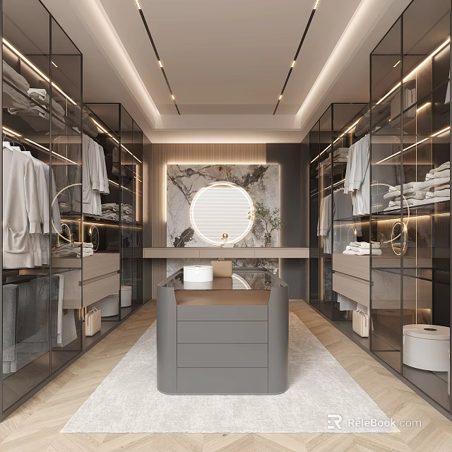 Modern Walk in Closet With Glass Cabinets Lighting And Round Mirror 3d model 
