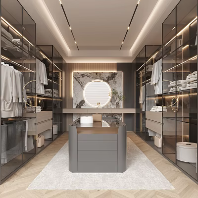 Modern Walk in Closet With Glass Cabinets Lighting And Round Mirror 3d model