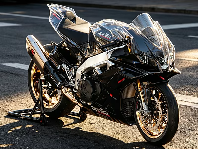 Black and Silver Sport Motorcycle with Golden Wheels and Transparent Windscreen on Urban Street 3d model