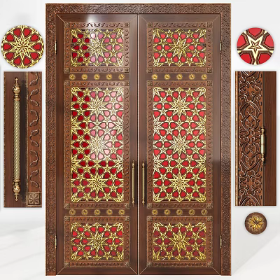 Wooden Double Doors With Carved Red And Gold Patterns Glass Panels And Ornamental Metal Accents 3d model