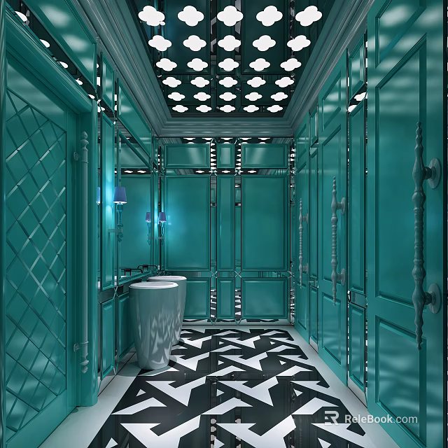 Public Restroom With Teal Walls Geometric Ceiling Lights White Sink And Black White Floor 3d model 