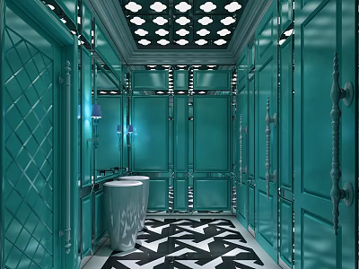 Public Restroom With Teal Walls Geometric Ceiling Lights White Sink And Black White Floor 3d model
