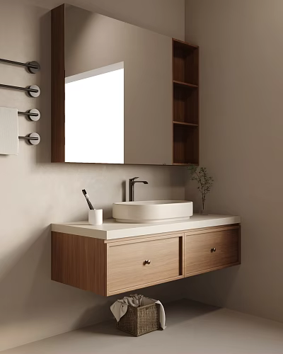 Modern Bathroom Interior Featuring Wooden Vanity Mirror White Countertop And Towel Rack 3d model