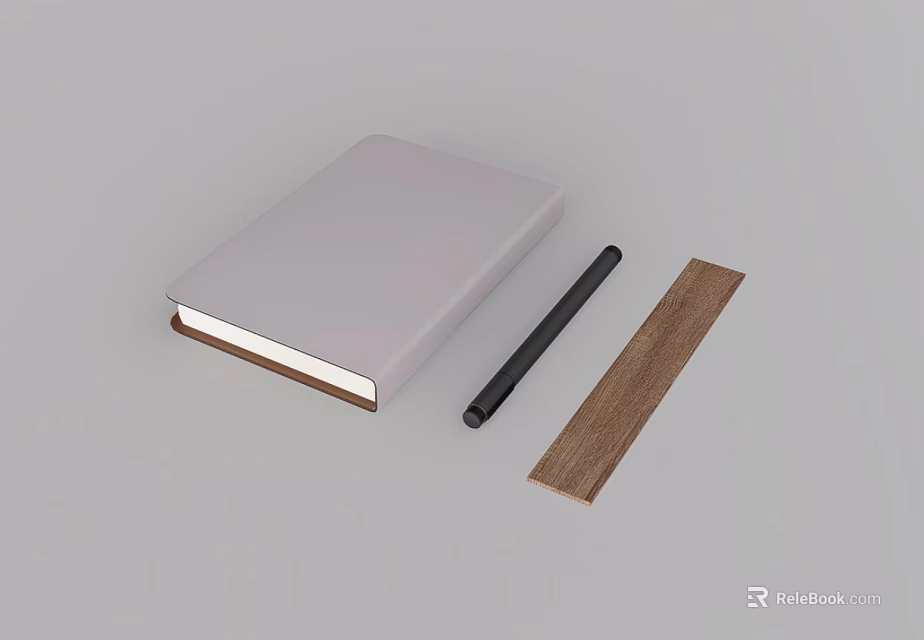 White Cover Notebook With Black Pen And Wooden Bookmark On Gray Surface 3d model 