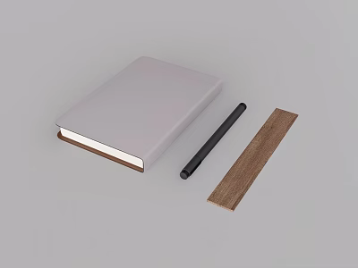 White Cover Notebook With Black Pen And Wooden Bookmark On Gray Surface 3d model