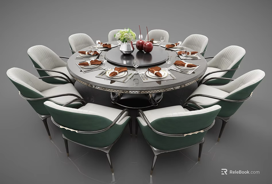 Elegant Round Dining Table Set With Green Upholstered Chairs And Tableware Decor 3d model 