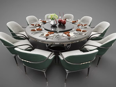 Elegant Round Dining Table Set With Green Upholstered Chairs And Tableware Decor 3d model
