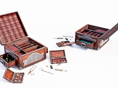 Vintage Wooden Medical Instrument Storage Boxes With Open Compartments And Organizer Tools 3d model