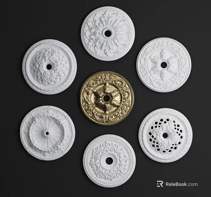 Decorative Ceiling Medallions with Various Carved Patterns White and Gold Finishes for Home Lighting Decor 3d model 