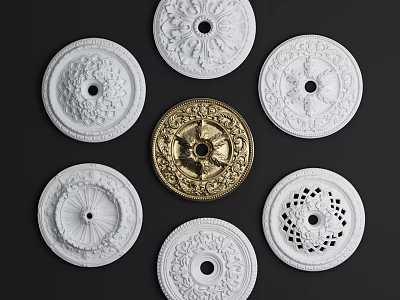 Decorative Ceiling Medallions with Various Carved Patterns White and Gold Finishes for Home Lighting Decor 3d model