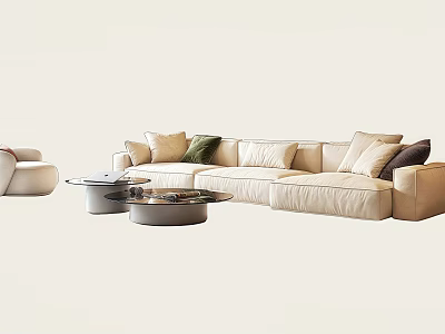 Modern Beige Sofa Coffee Table Set With Colored Cushions And Round Metal Tables 3d model